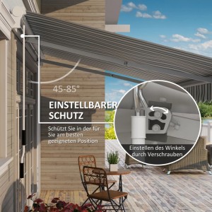 Einfahrbare Furnicato Markise, weiß-grün, mit einstellbarem Sonnenschutz und Montage-Detail.