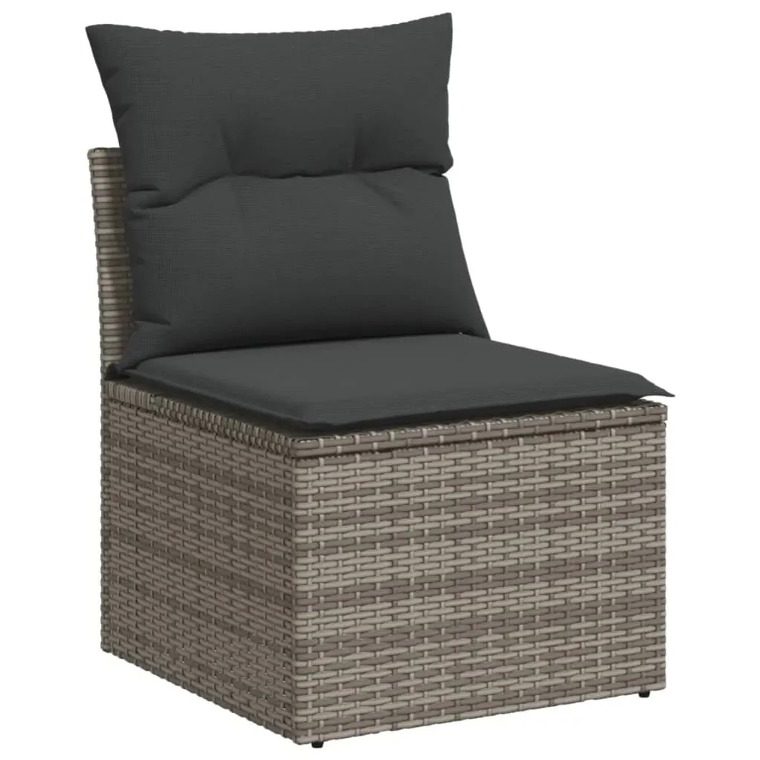 Grauer vidaXL Garten-Sessel aus Rattan mit dunklen Kissen. Teil einer modularen Garten-Sofagarnitur.