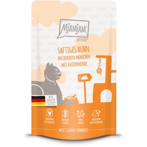 Mjamjam Quetschie Katzen-Nassfutter Saftiges Huhn mit Möhrchen, 125g Packung.