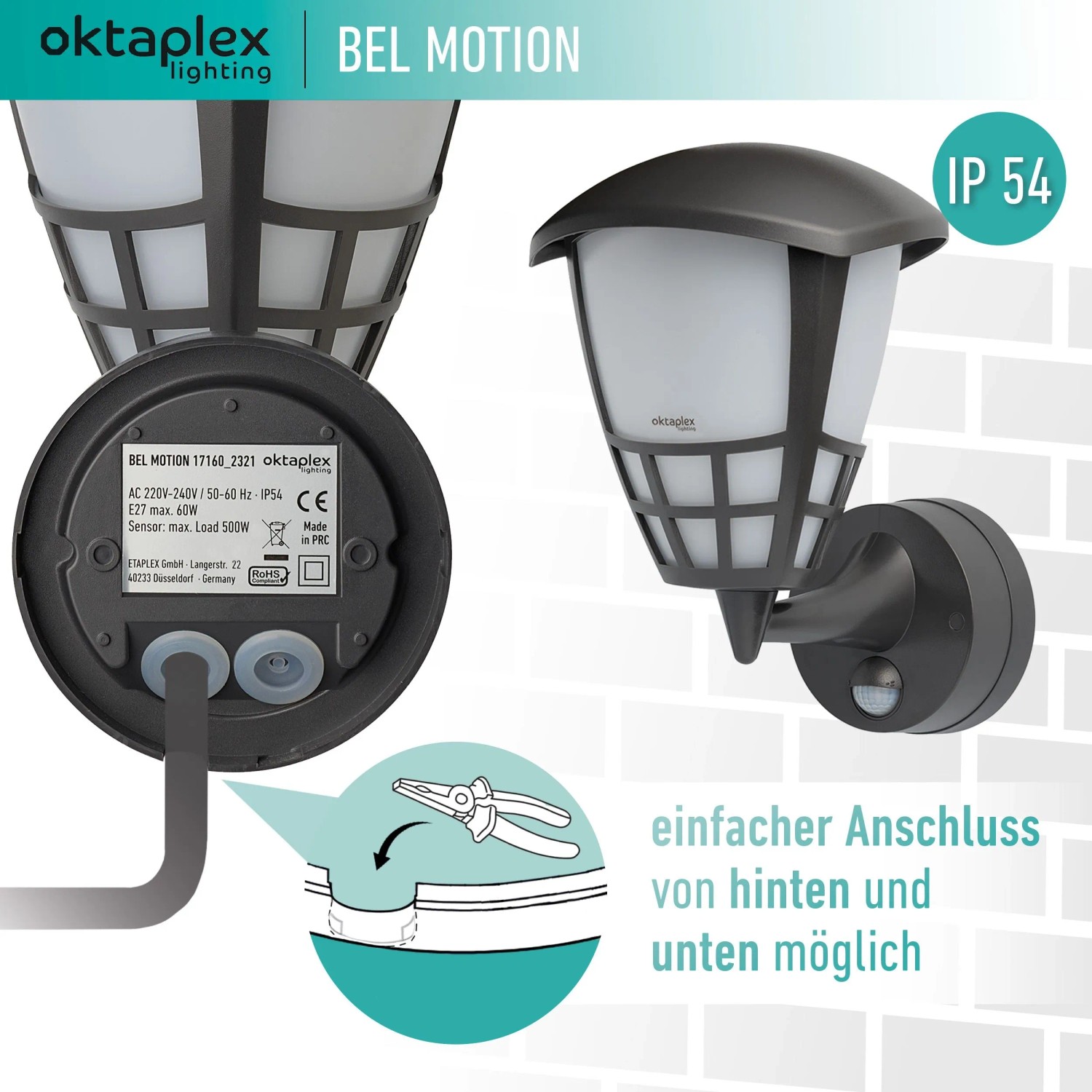 Oktaplex Bel Motion Außenleuchte mit Bewegungsmelder E27 Laterne IP54 Außenwandleuchte ohne Leuchtmittel Anthrazit
