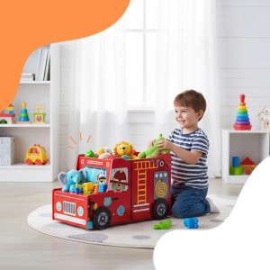 Mehrfarbige Spielzeugkiste im Feuerwehr-Design mit Geheimfach. Aufbewahrung & Ordnung im Kinderzimmer.