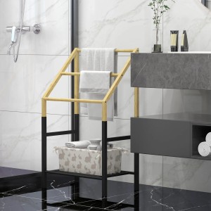 HOMCOM Handtuchhalter aus Bambus und Stahl mit 3 Stangen und Ablage im Badezimmer.