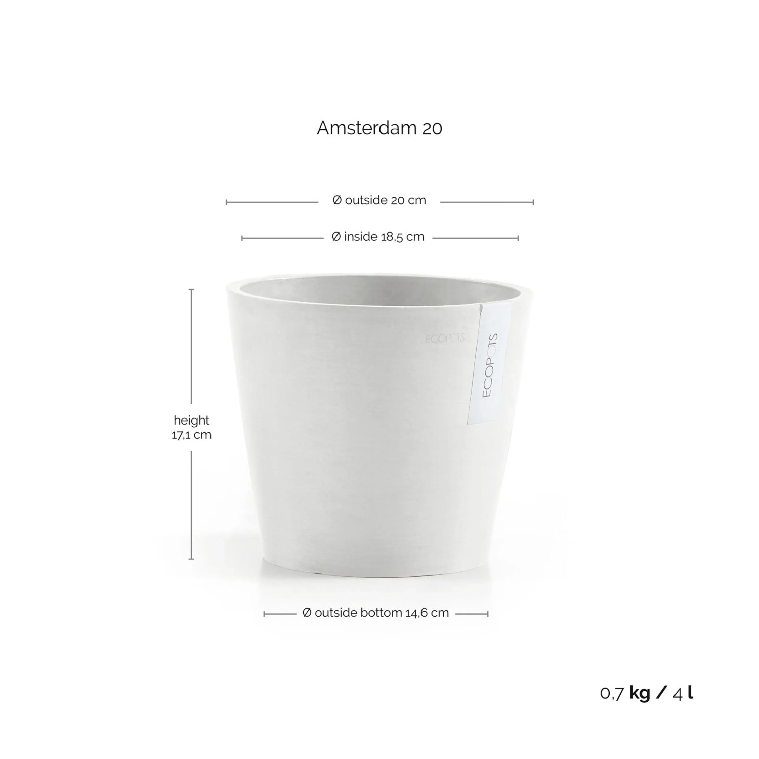 Ecopots Amsterdam Pflanztopf, Ø 20cm, weiß. Ideal für Innen & Außen, minimalistisches Design.