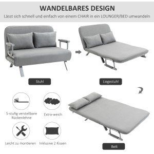 Graues HOMCOM 2-Sitzer Schlafsofa, verwandelt sich in Liege/Bett, mit Kissen.