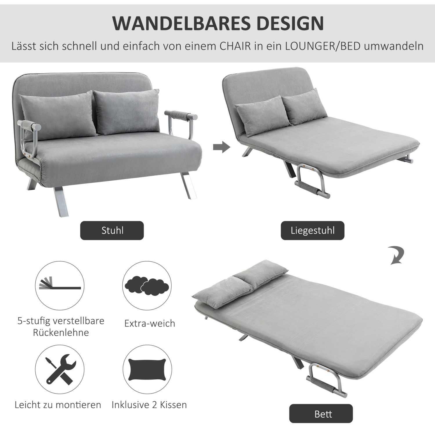 Graues HOMCOM 2-Sitzer Schlafsofa, verwandelt sich in Liege/Bett, mit Kissen.