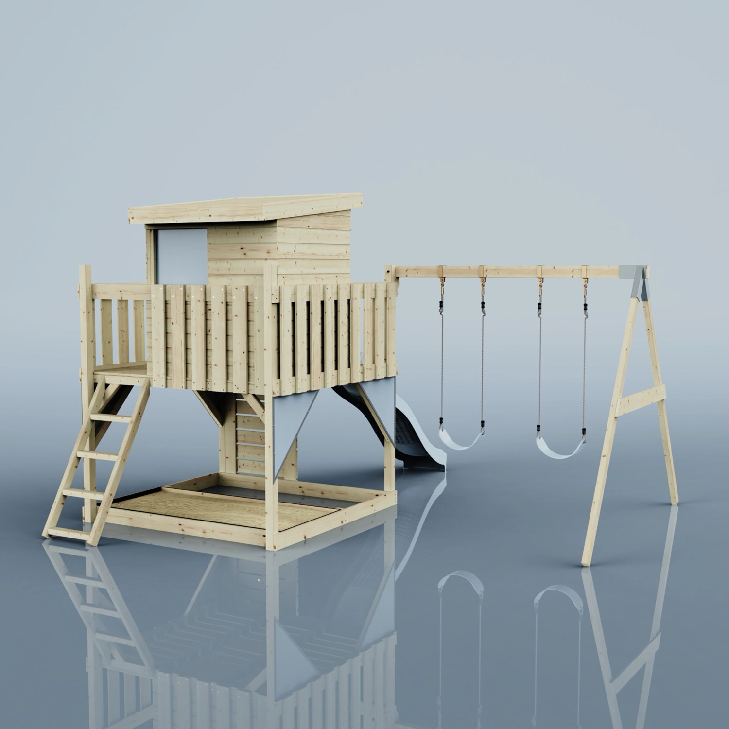 PolarPlay Spielturm Björn mit Schaukel und Rutsche. Holz Spielanlage für Kinder.