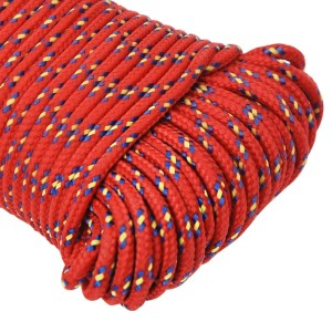 Rotes Polypropylen Bootsseil, 4 mm, mit blauen und gelben Mustern. Robustes Boot-Zubehör für Segelboote.