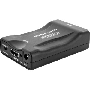Schwaiger SCART-HDMI Konverter, schwarzes Gehäuse mit Anschlüssen für Kabel für Computer & Multimedia.