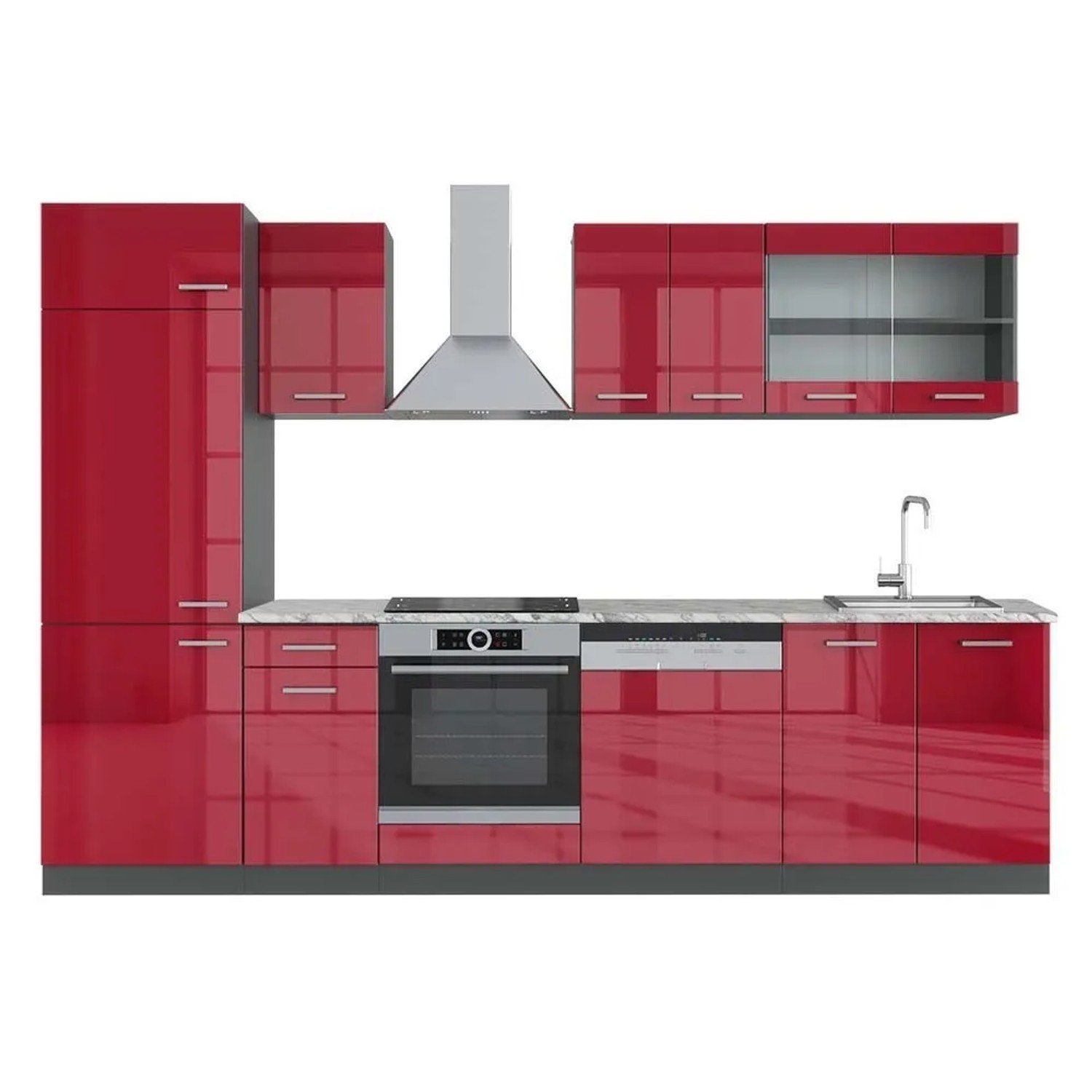 Vicco R-Line Küchenzeile Bordeaux Hochglanz Anthrazit 300 cm AP Marmor ohne E-Geräte