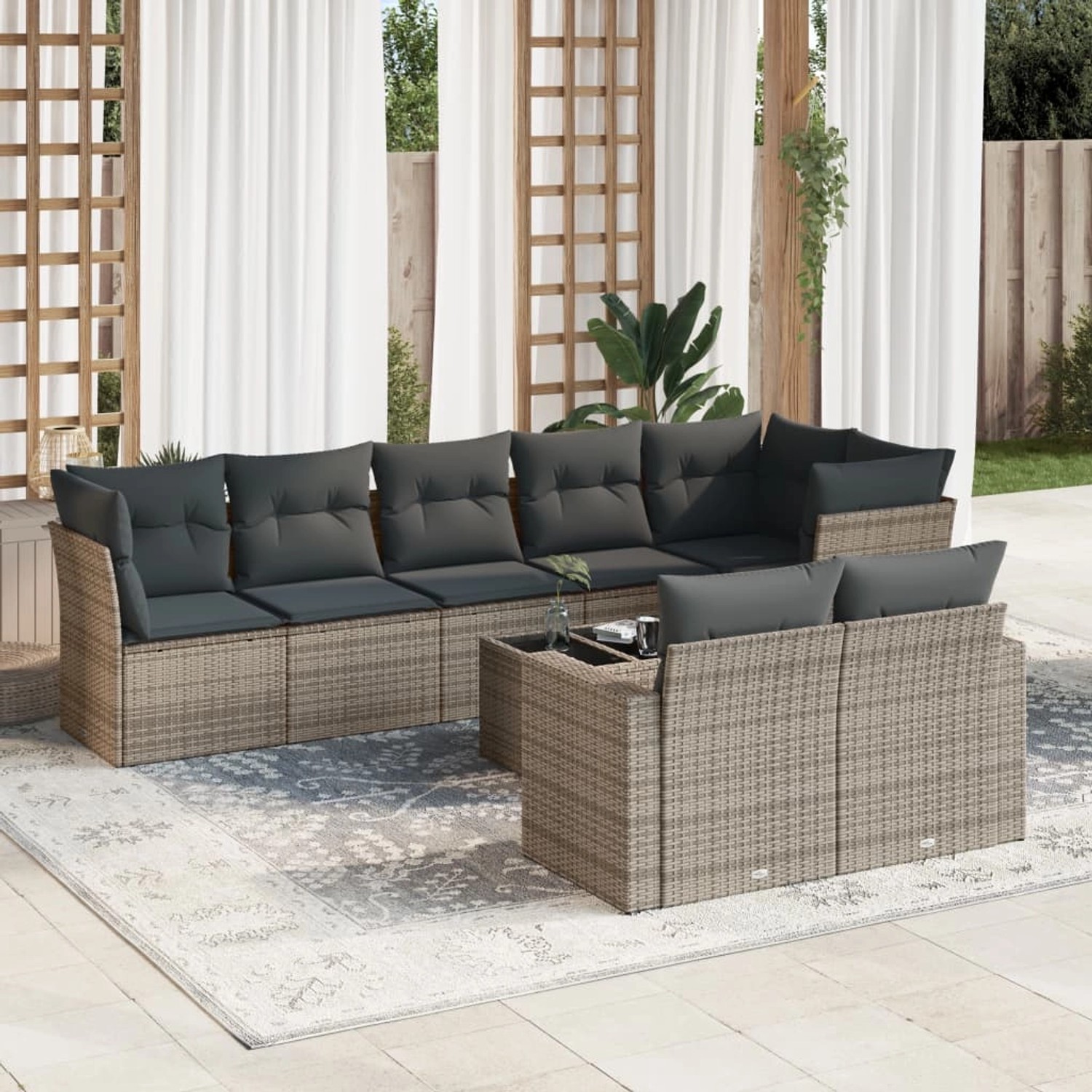Graue 9-tlg. vidaXL Garten-Sofagarnitur aus Polyrattan mit Kissen für Terrasse und Garten.