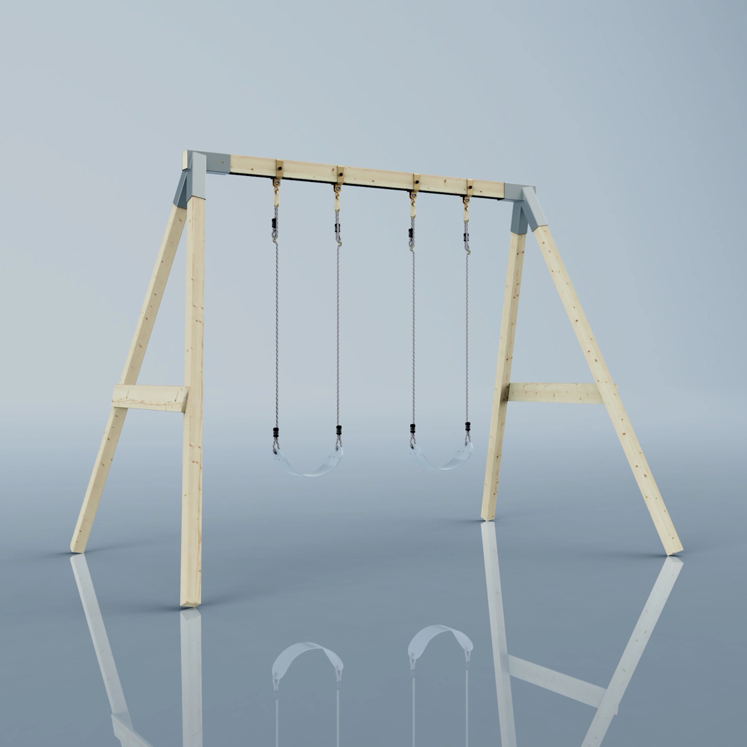 PolarPlay Schaukel Nachtfalter mit Holzgestell und zwei Schaukelsitzen.