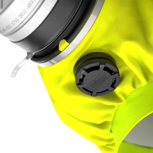 Gelbe Dräger PARAT 7530 Fluchthaube mit ABEK CO P3 Filter für Atemschutz gegen Brandgase.