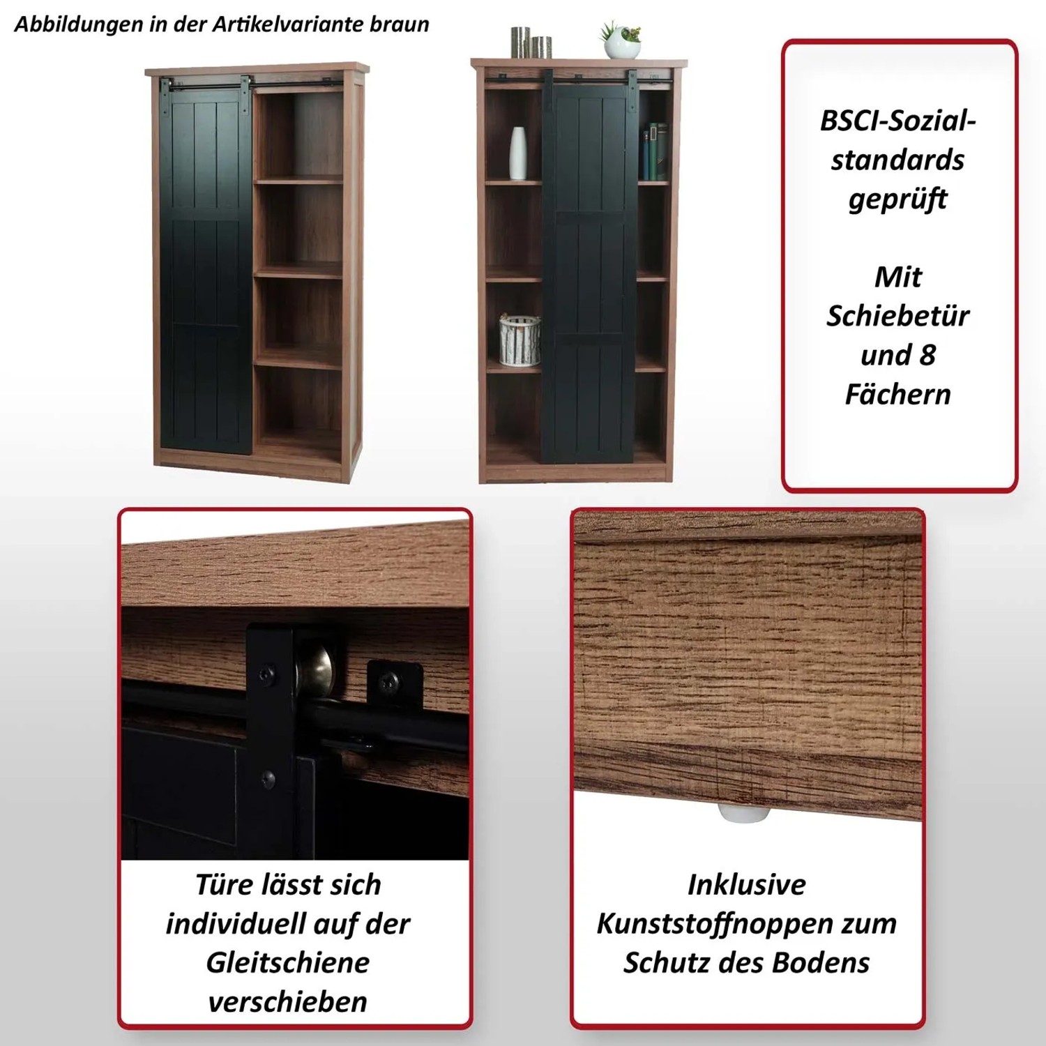 MCW Schrank K75 naturfarben mit Schiebetür und 8 Fächern. Schubladenkommode für mehr Stauraum.