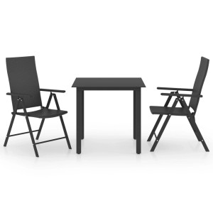 Schwarze 3-tlg. Garten-Essgruppe: Tisch mit 2 Stühlen aus Rattan und Aluminium für Terrasse und Garten.