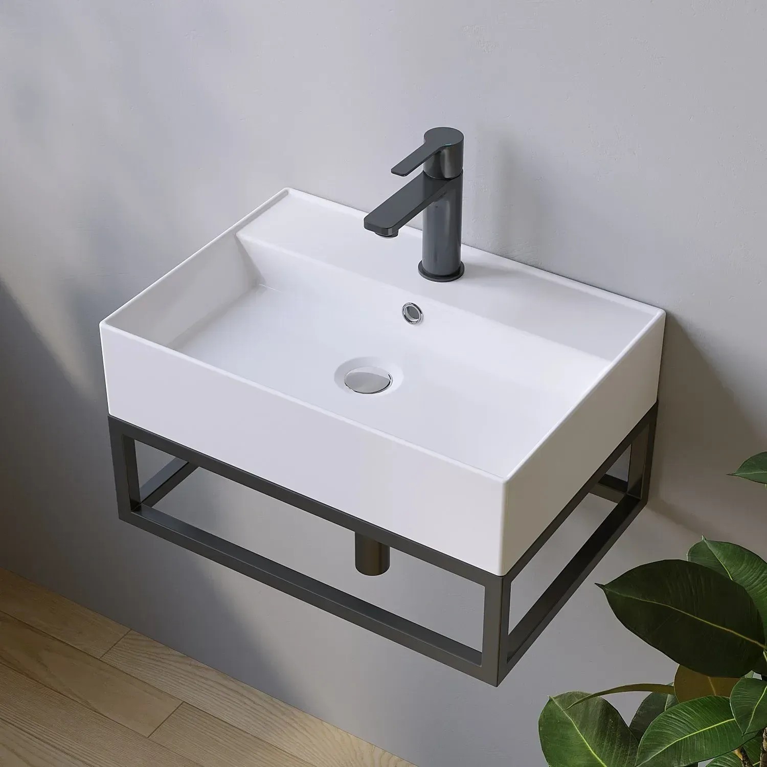 Rechteckiges, weißes Aquabatos Aufsatzbecken aus Keramik mit Armatur und dunklem Metallgestell.