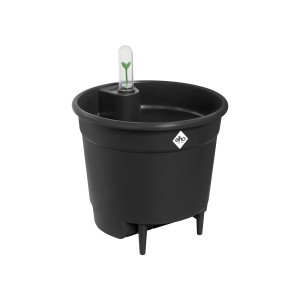 Schwarzes Elho Selbstbewässerungssystem (Ø 15 cm) für Blumentöpfe, mit Füllstandsanzeiger.