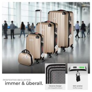 Tectake Hartschalenkoffer Set Cleo, 4-teilig in Champagner mit Trolleys und Beauty Case.