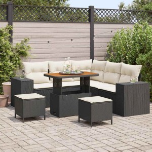 vidaXL Garten-Sofa-Set, 8-teilig, schwarz, Poly Rattan, mit Tisch und Hockern.