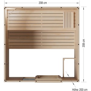 Draufsicht Eilo Sauna EL-BE 40-2121 mit Maßen, Blockbohlen-Elementbauweise.