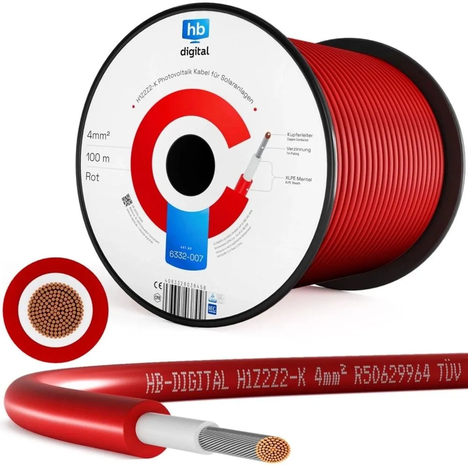 hb-digital Solarkabel 4 mm² H1Z2Z2-K TÜV Zertifiziertes Photovoltaik Kabel für PV Anlagen 100m Rot