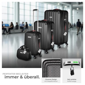 Tectake Hartschalenkoffer Set Cleo, 4-teilig, schwarz, mit Trolleys, Beauty Case und Kofferwaage.