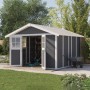 Dunkelgraues Grosfillex Kunststoff-Gartenhaus Deco H 11 mit geöffneten Doppeltüren.