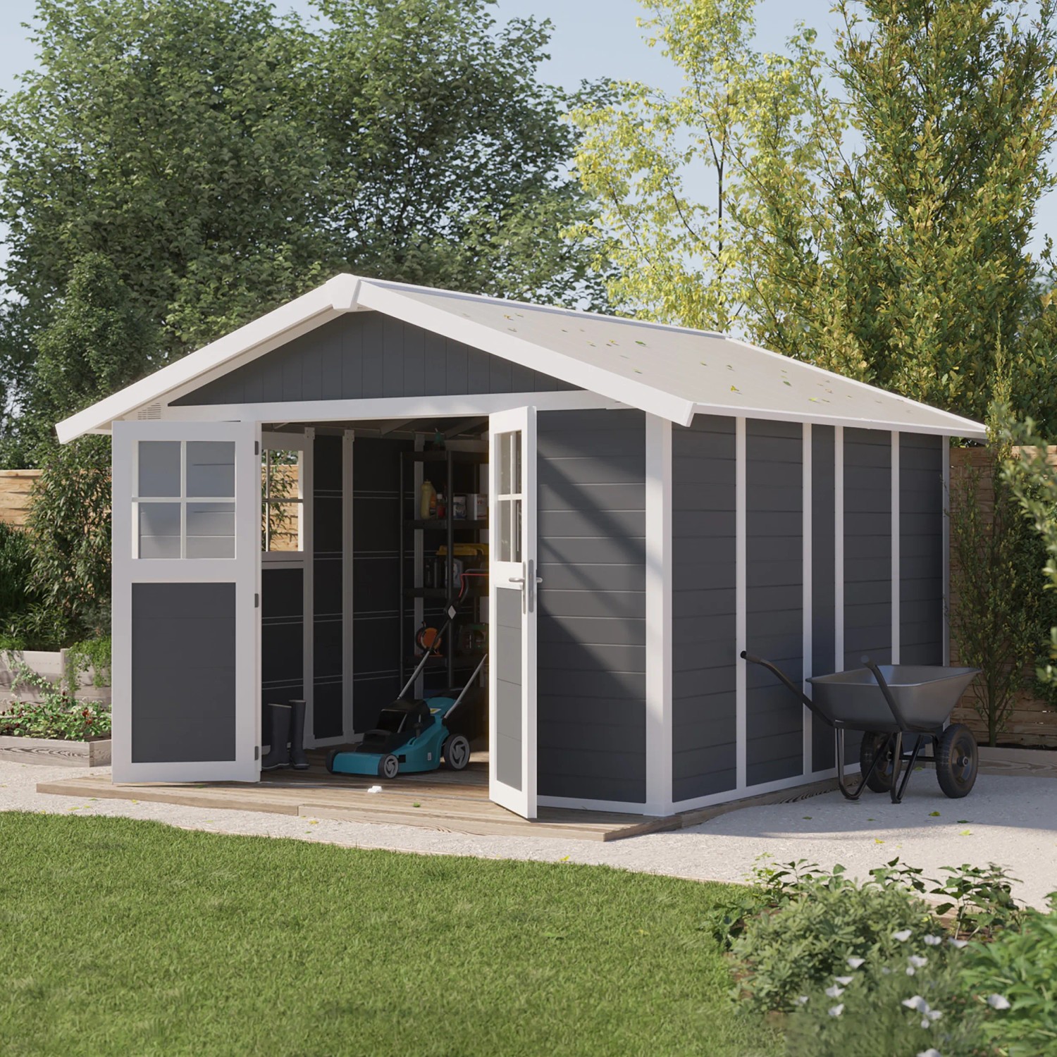 Dunkelgraues Grosfillex Kunststoff-Gartenhaus Deco H 11 mit geöffneten Doppeltüren.