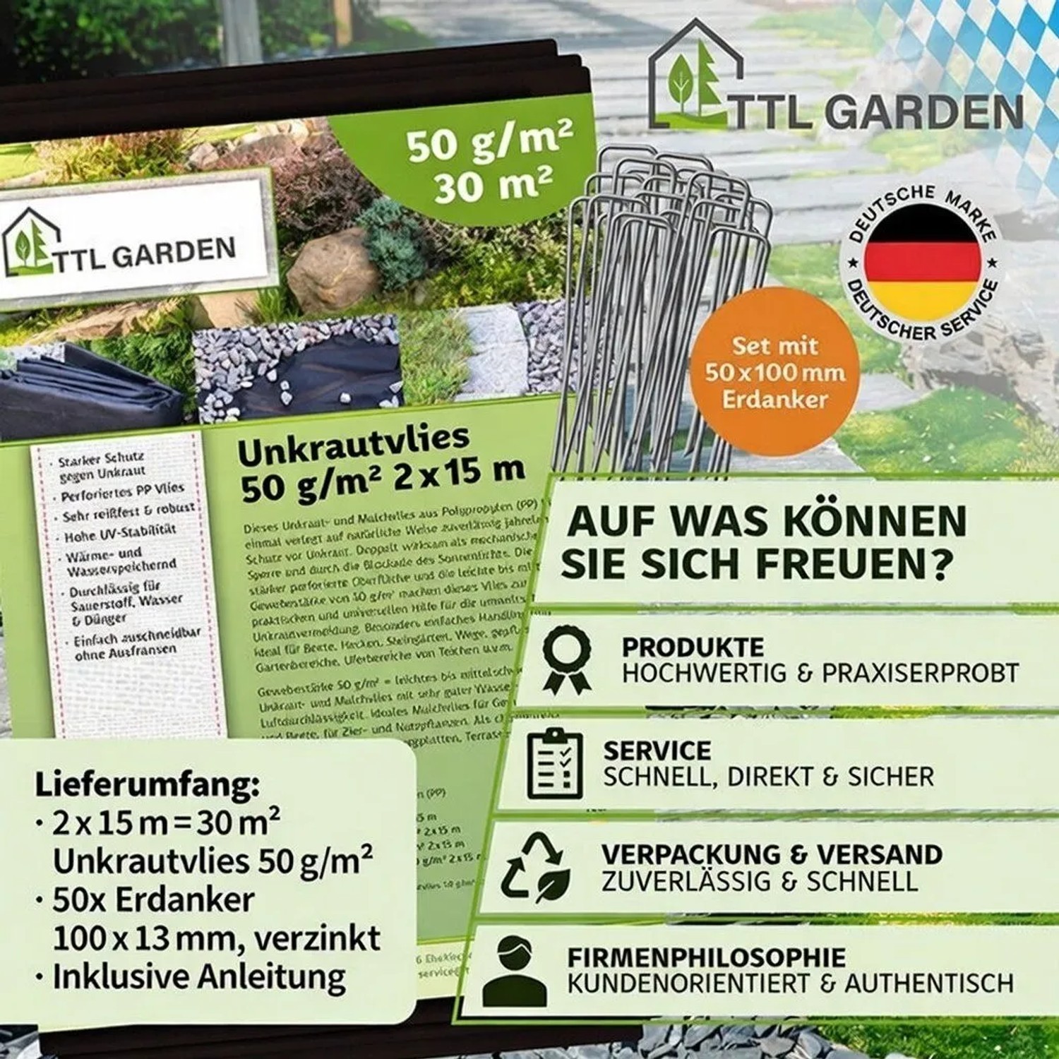Schwarzes TTL GARDEN Unkrautvlies 50g/m² (30m²) inkl. 50x 100mm Erdanker. UV-stabilisiertes Gartenvlies.