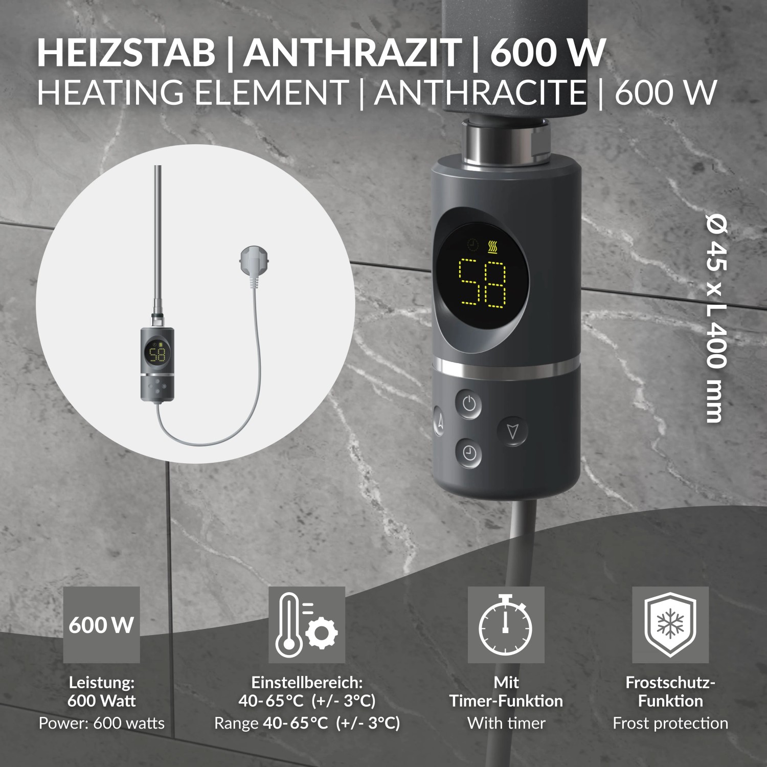 LuxeBath Heizstab 600W Anthrazit mit Thermostat und LCD-Display zur Temperaturregelung.