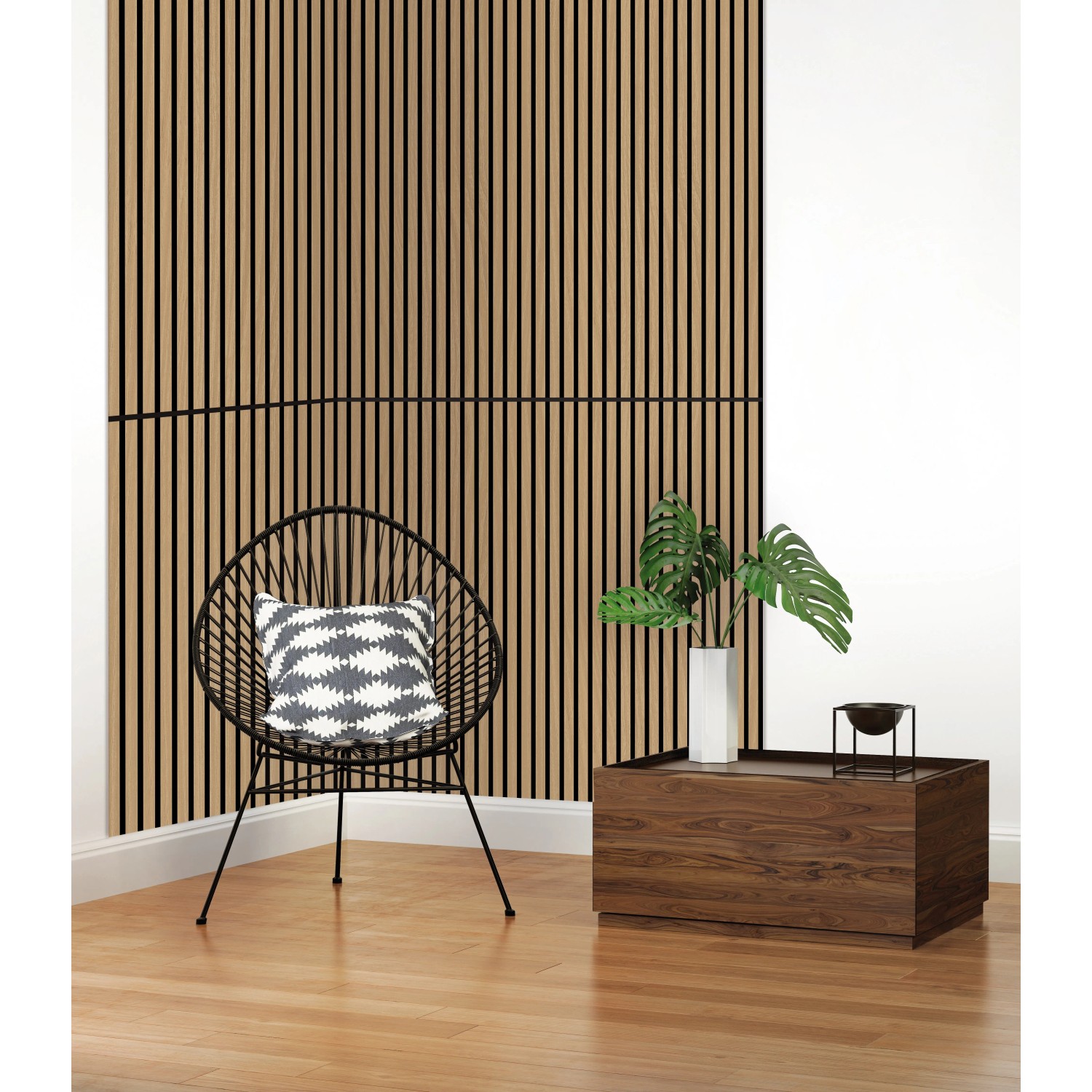 Jangal Wandpaneel Solid Teak, MDF-Furnier, 120,6x80x2,2 cm, als Akustikpaneel an einer Wand.
