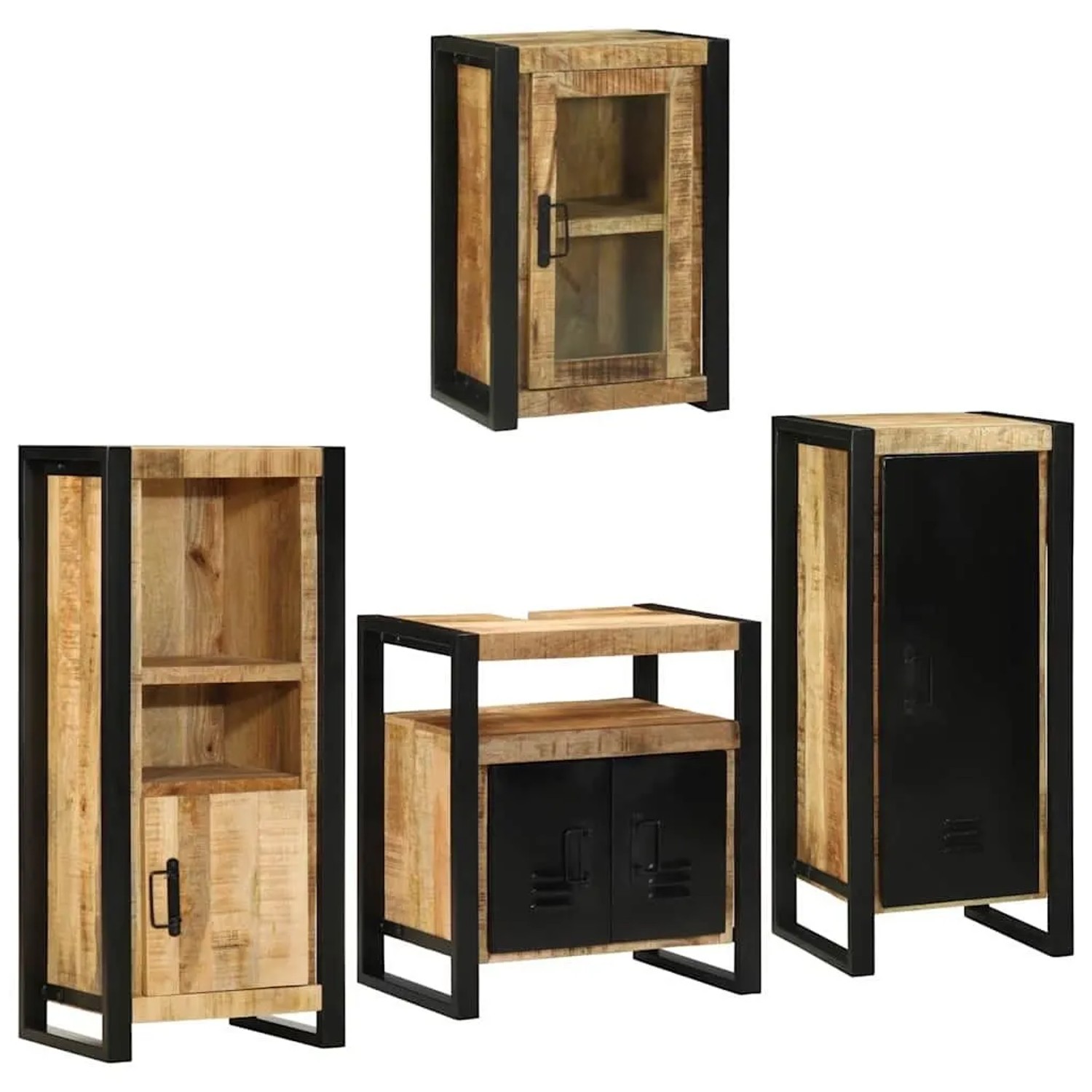 vidaXL Badezimmermöbel-Set mit Regal 4 Tlg Braun Massives Mangoholz 3305692