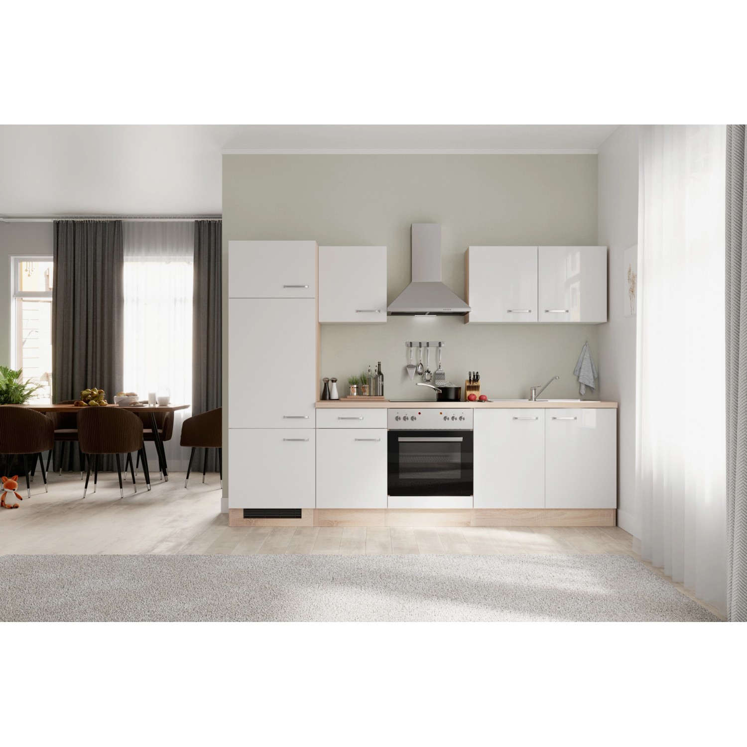 Küchenzeile Valero 270 cm in Hochglanz Weiß und Sonoma Eiche mit E-Geräten.