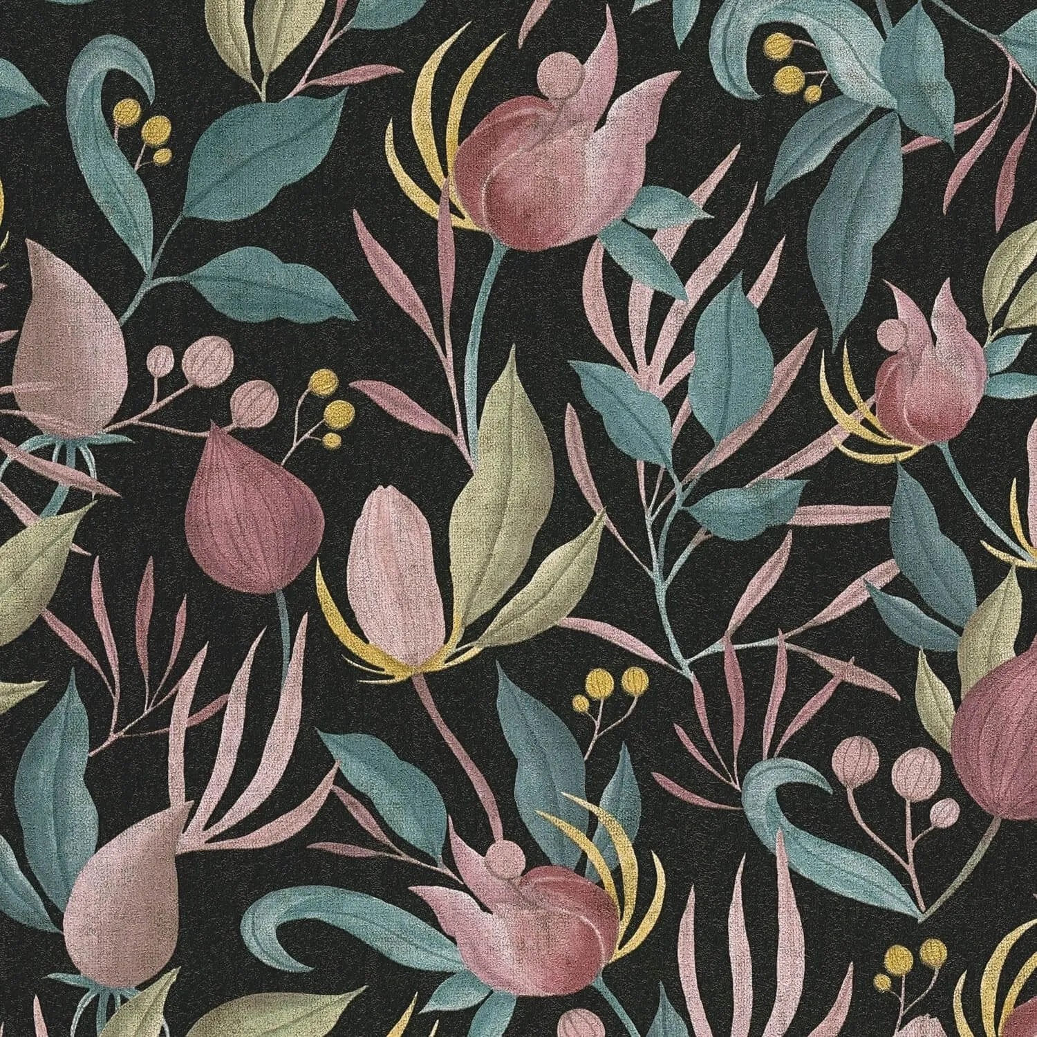PROFHOME 790622-GU Blumen Tapete Floral Schwarz Alt-Rosa Blau Oliv-Gelb 0,53 m x 10,05 m 5,33 m2