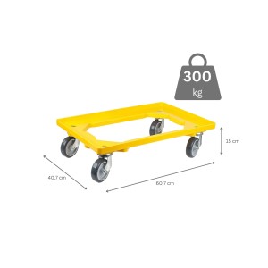 Gelber PROREGAL Transportroller für Euroboxen (60x40 cm) mit Gummirädern, 300 kg Traglast.