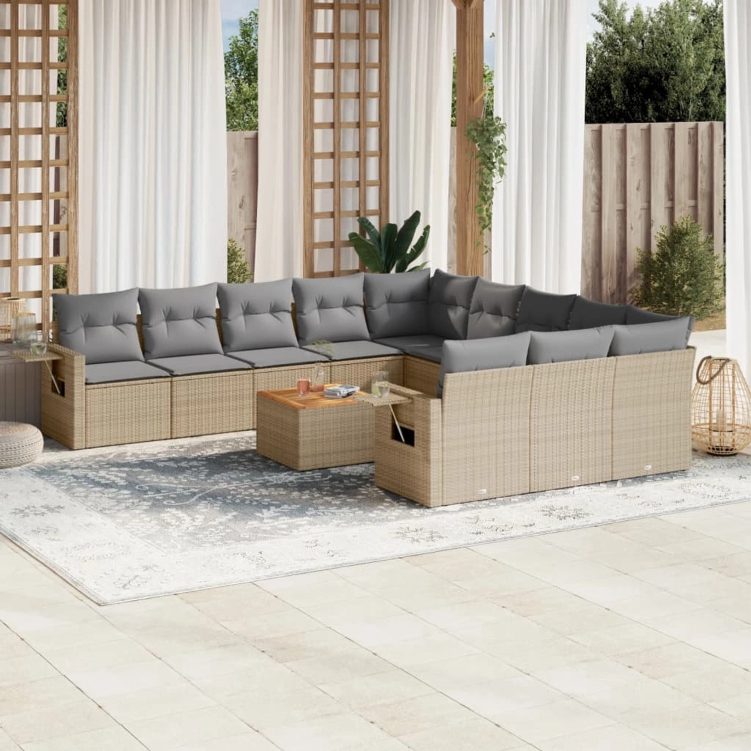 Beige vidaXL Garten-Sofagarnitur aus Rattan mit grauen Kissen und Tisch für Gartenmöbel.