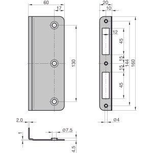 Technische Zeichnung: Basi Reparatur-Winkelschließblech RWS 160, Stahl verzinkt, Maße und Details.