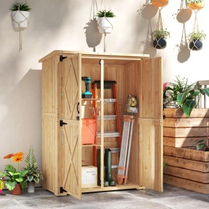 Offener Outsunny Gartenschrank aus Tannenholz mit Werkzeugen und Gartenzubehör.