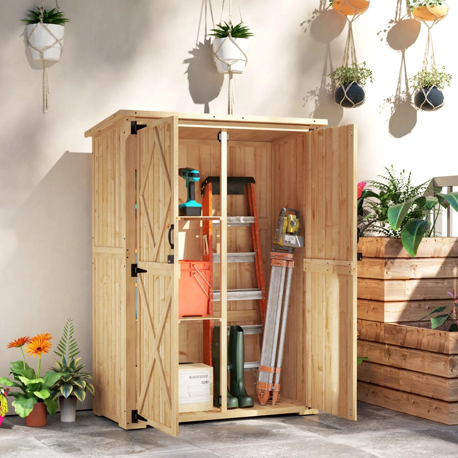 Offener Outsunny Gartenschrank aus Tannenholz mit Werkzeugen und Gartenzubehör.