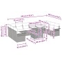 Hellgraues 11-teiliges Garten-Sofa-Set aus Poly Rattan mit Tisch und Kissen, Maße siehe Grafik.