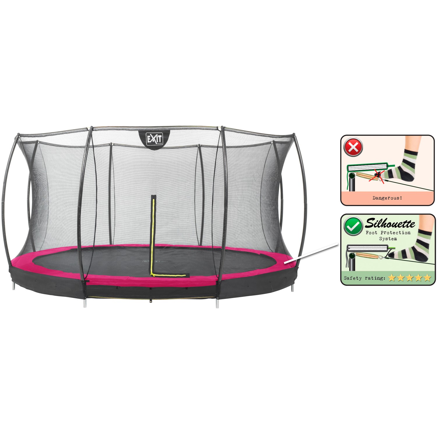 EXIT Silhouette Bodentrampolin D427cm mit Sicherheitsnetz in Rosa, mit Fußschutzsystem.