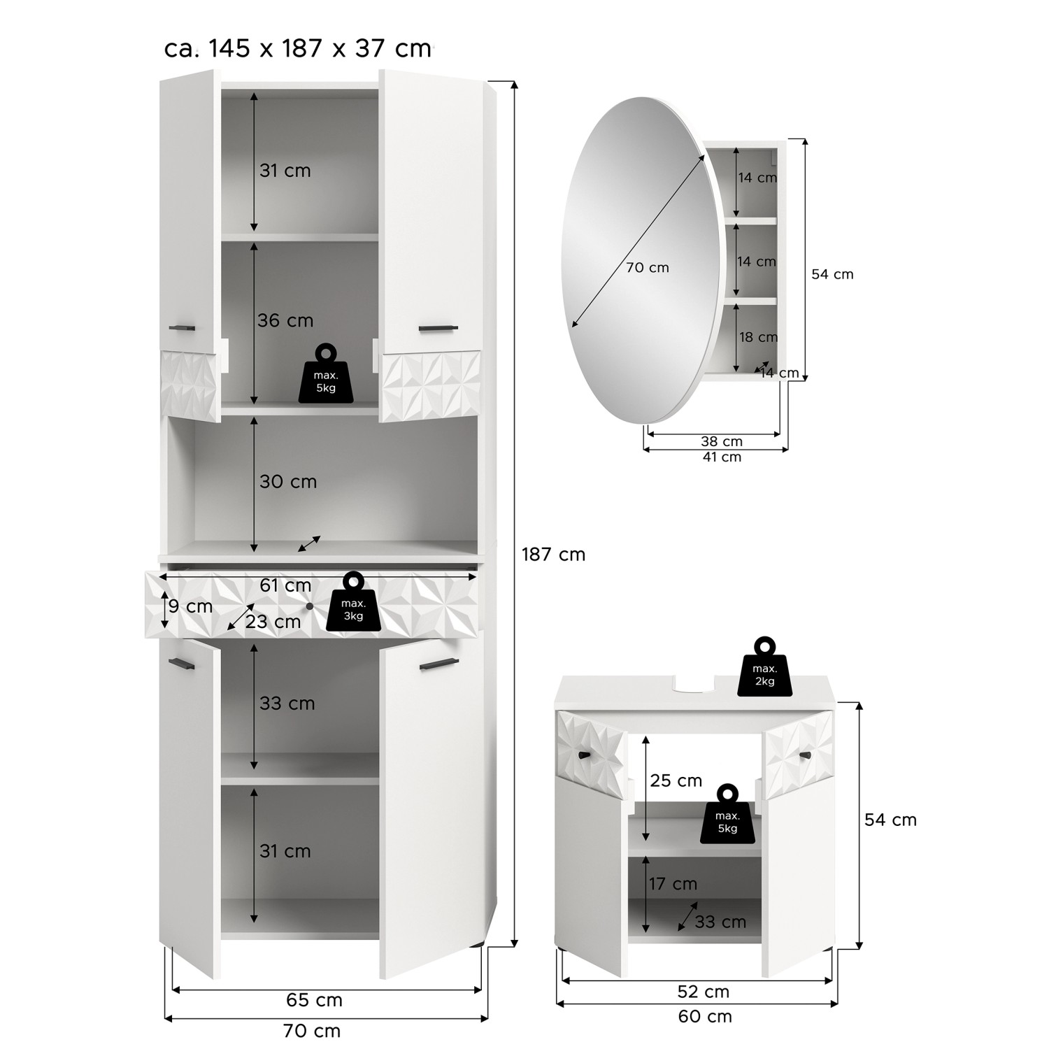 Badkombination Prisma m. Hochschrank Weiß 187 cm x 176 cm x 37 cm 3-tlg._12