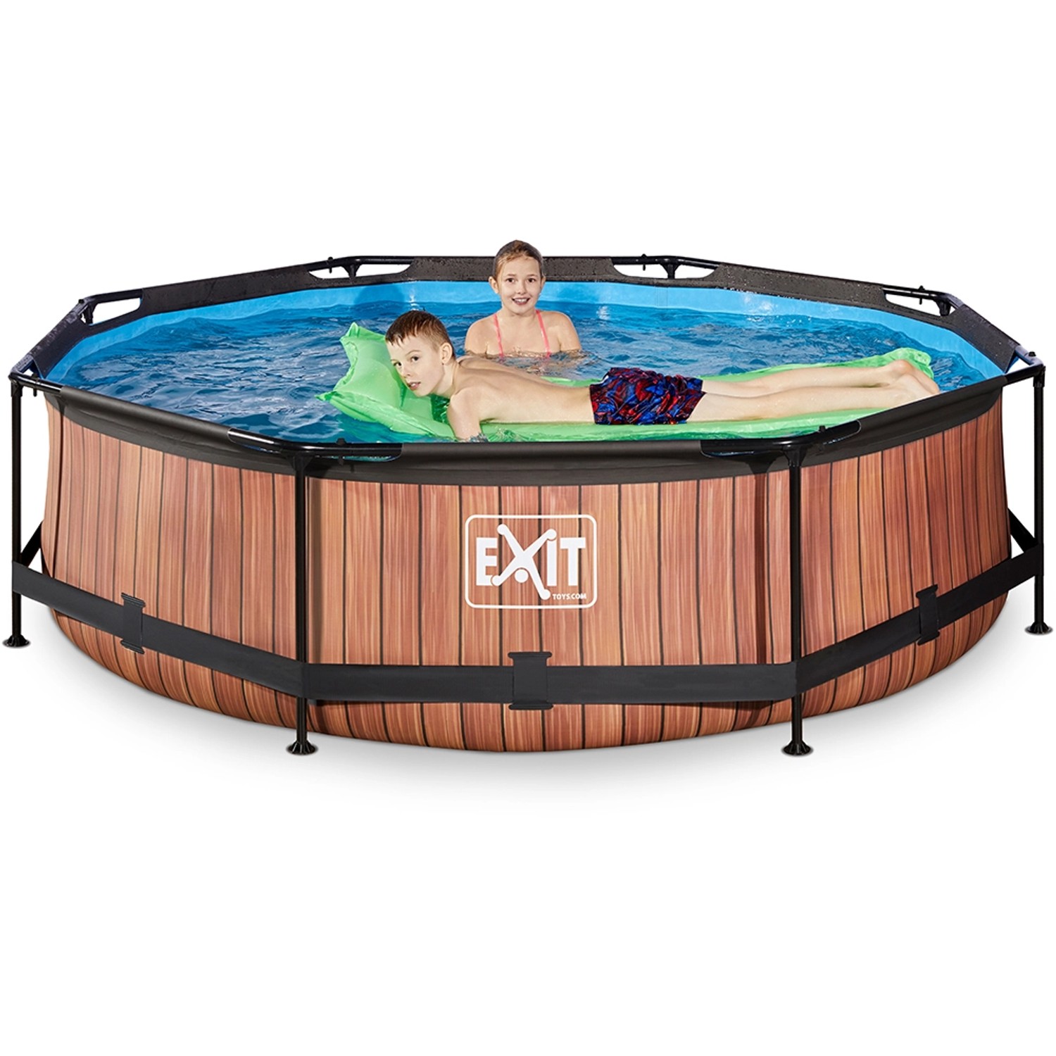 Runder Exit Stahlrahmenpool Wood, 300x76 cm, Holzoptik, mit Kindern im Wasser.
