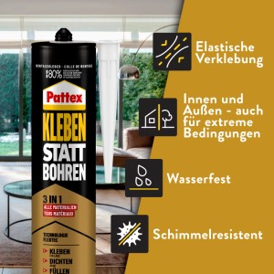 Pattex Montagekleber 3in1, weiße Kartusche mit Aufsatz. Zum Kleben, Dichten und Füllen.