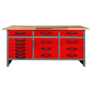 Rote Ondis24 Werkbank Konny 160 cm mit 15 Schubladen und Buchenholzplatte.