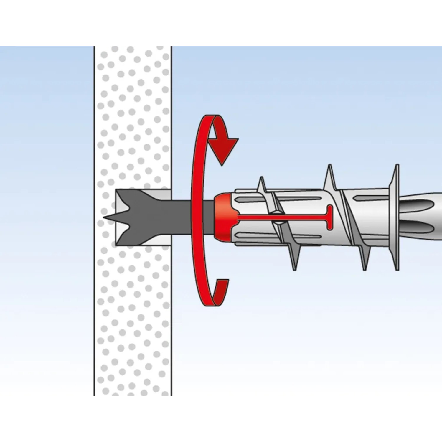 Illustration: Fischer Duoblade Gipskartondübel wird in Gipskartonplatte gedreht.