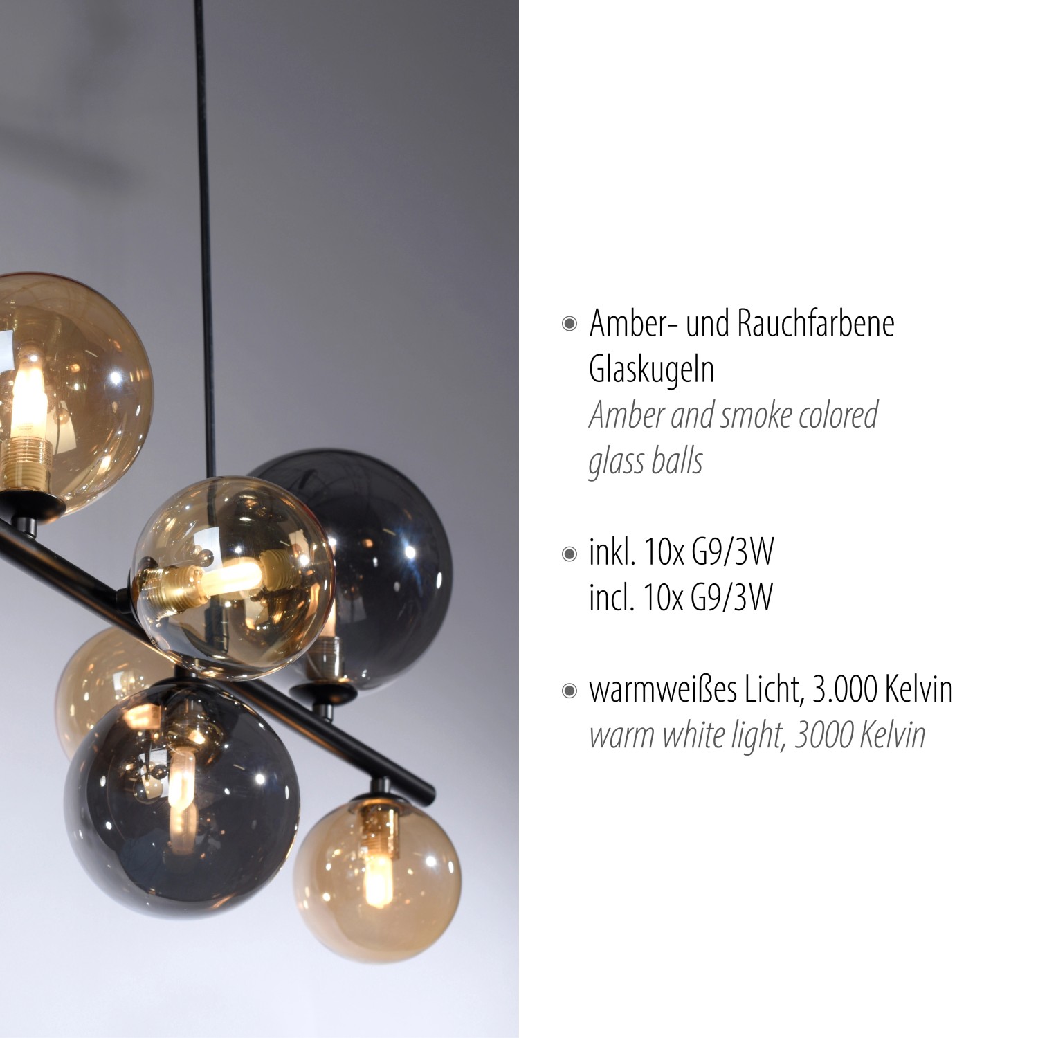 Paul Neuhaus Popsicle Pendelleuchte, 10-flammig, schwarz mit Amber- und Rauchglaskugeln.