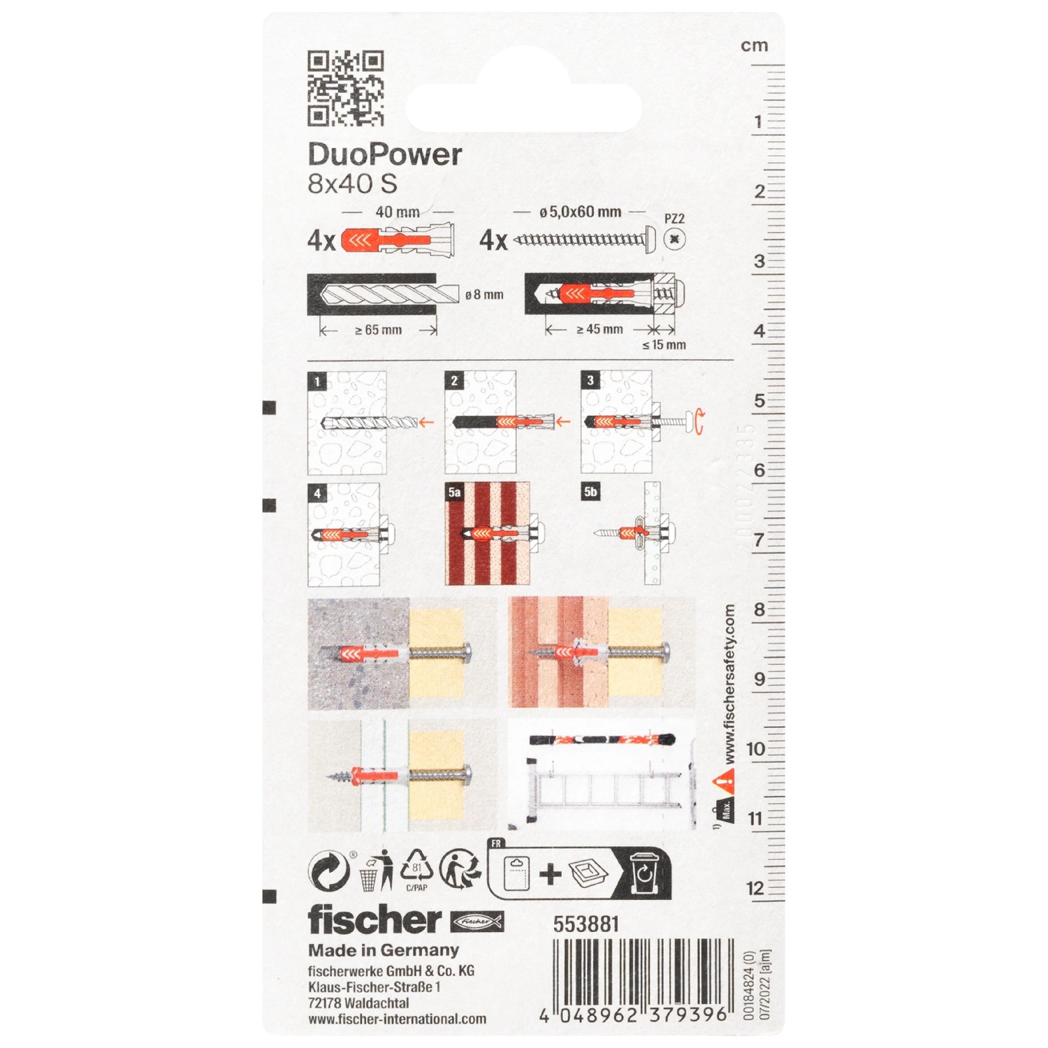 Fischer Montageset Ordnungshaken K, 4 Dübel und Schrauben, Montageanleitung auf der Rückseite.