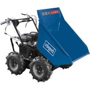 Scheppach Dumper DP3000: Blaue Schubkarre mit Motor und groben Reifen für bis zu 300 kg Last.