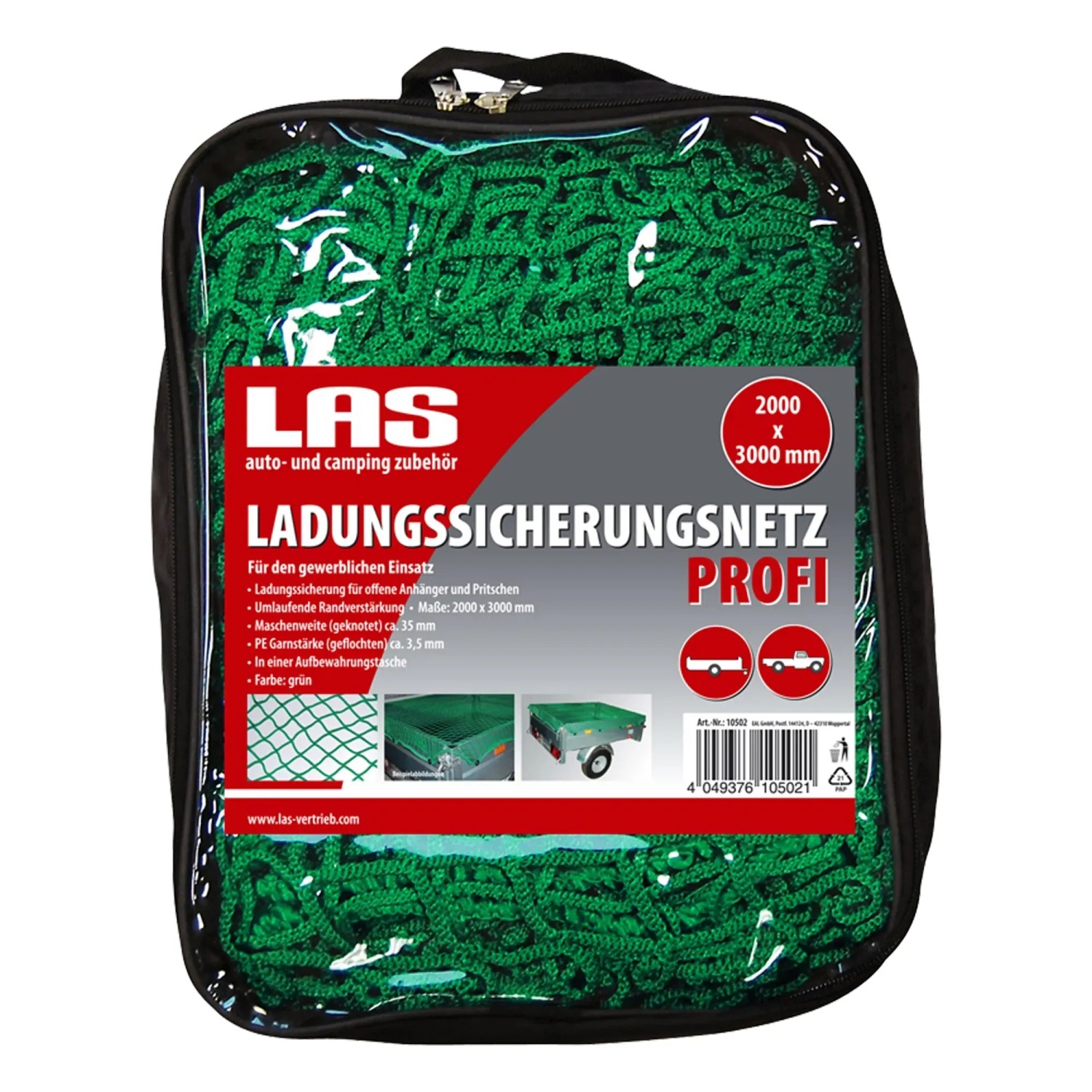 Grünes Ladungssicherungsnetz Profi 2x3 m für Anhänger und Pritschen in Aufbewahrungstasche.