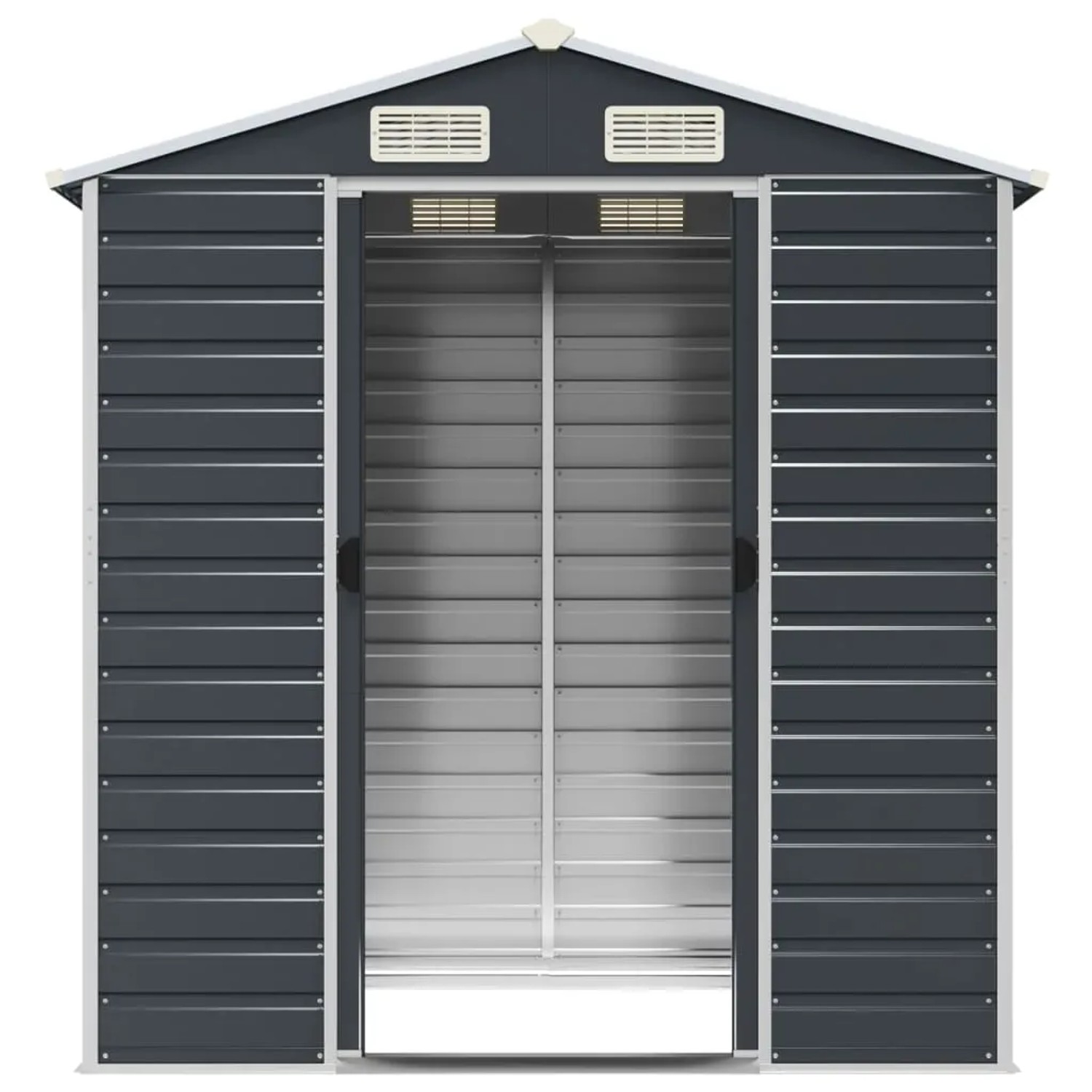 vidaXL Gerätehaus, anthrazitfarben, 191x130x198 cm, aus verzinktem Stahl. Gartenhaus mit geöffneten Türen.